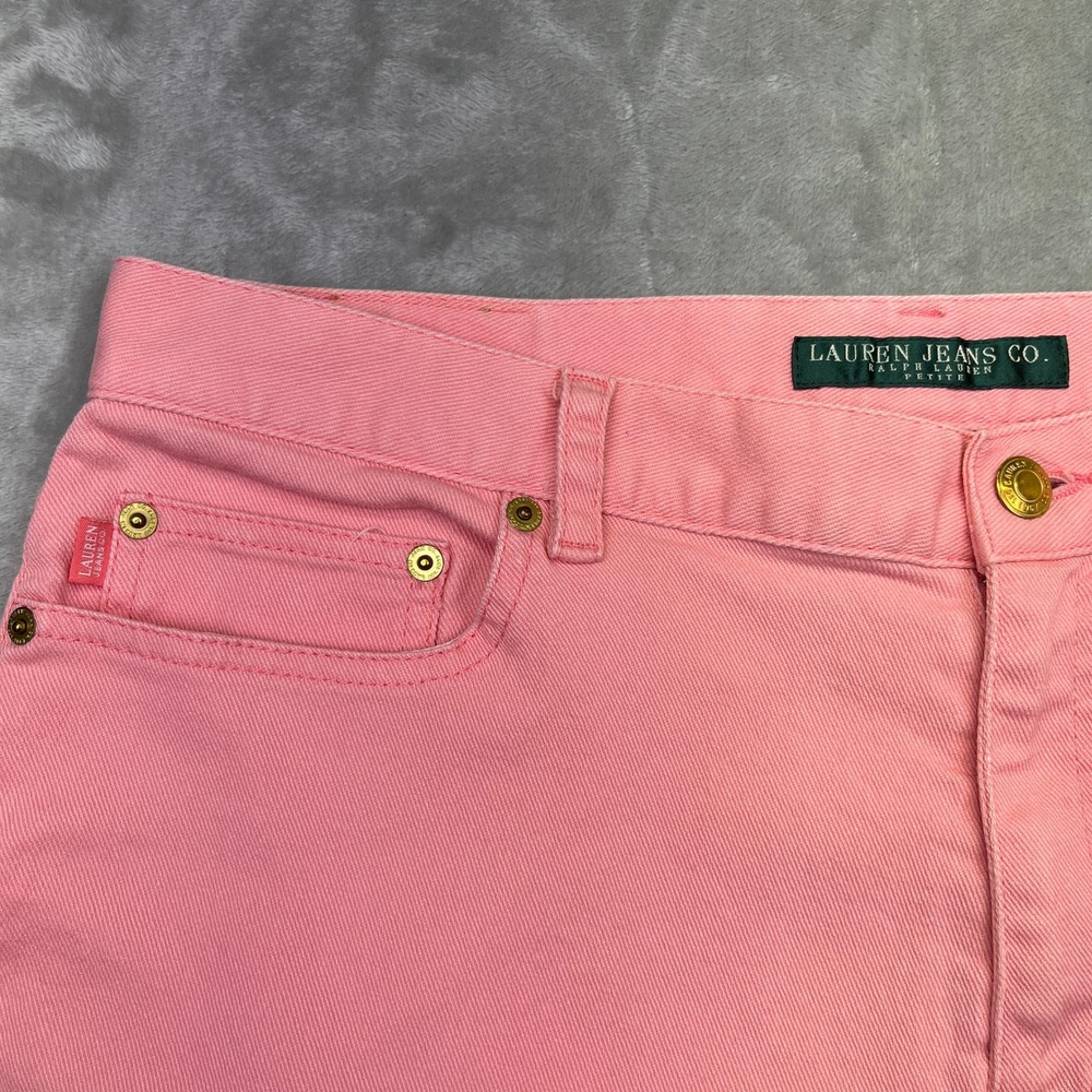 Lauren Jeans Co. Pink Denim Capri Pants Gold Button Coral Crop Sz 14P Fits 33.5" - Picture 9 of 11